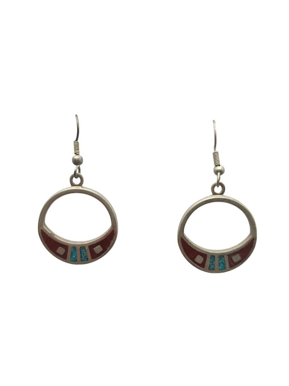 Round Silver Drop Earrings With Red & Turquoise Inlay Southwest Boho Chic